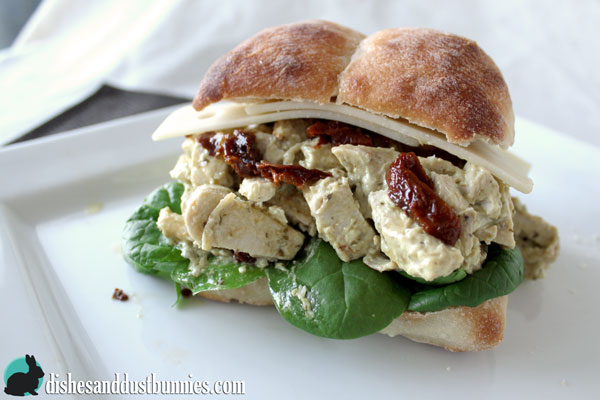 Basil Pesto Chicken Salad Sandwiches with Sun Dried Tomatoes from Dishes & Dust Bunnies