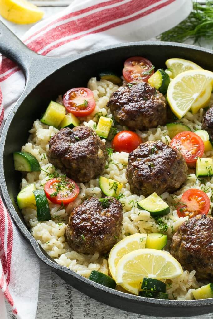 One Pot Greek Meatballs with Lemon Dill Rice from Dinner at the Zoo