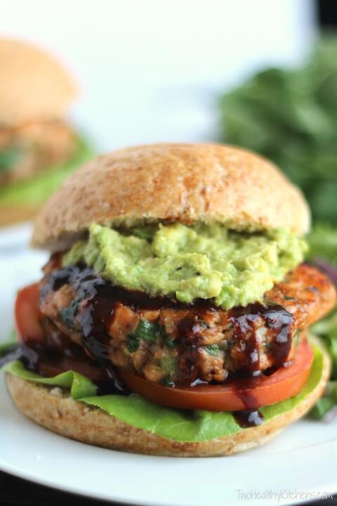 Asian Salmon Burgers with Avocado and Hoisin Sauce (Gluten-Free Option, Too!) from Two Healthy Kitchens
