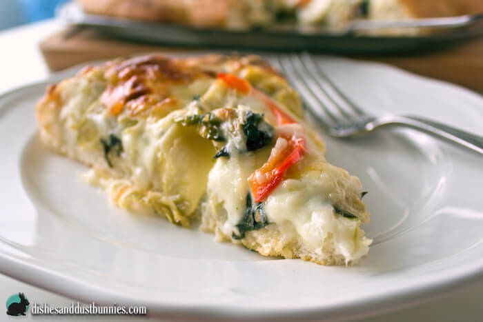 Four Cheese Spinach Artichoke Pizza from Dishes & Dust Bunnies
