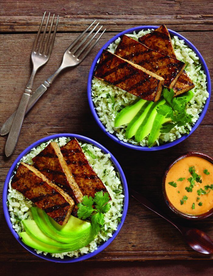Balsamic Grilled Tofu with Cauliflower Cilantro Rice and Avocado from The Jenny Evolution