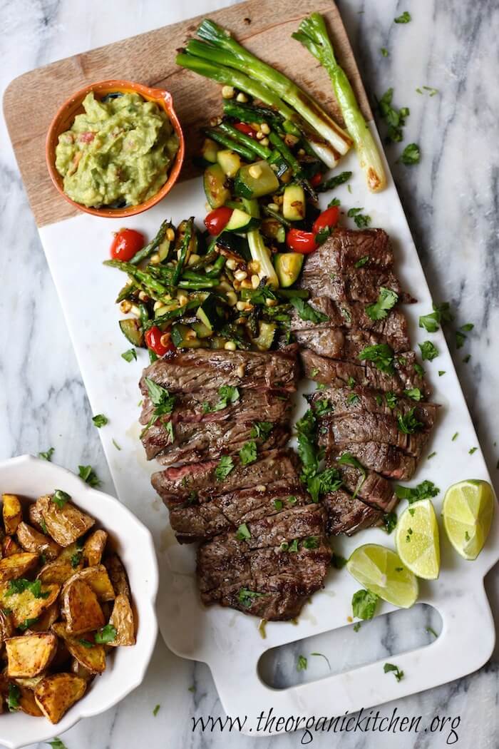 Grilled Skirt Steak and Veggies with Guacamole from The Organic Kitchen