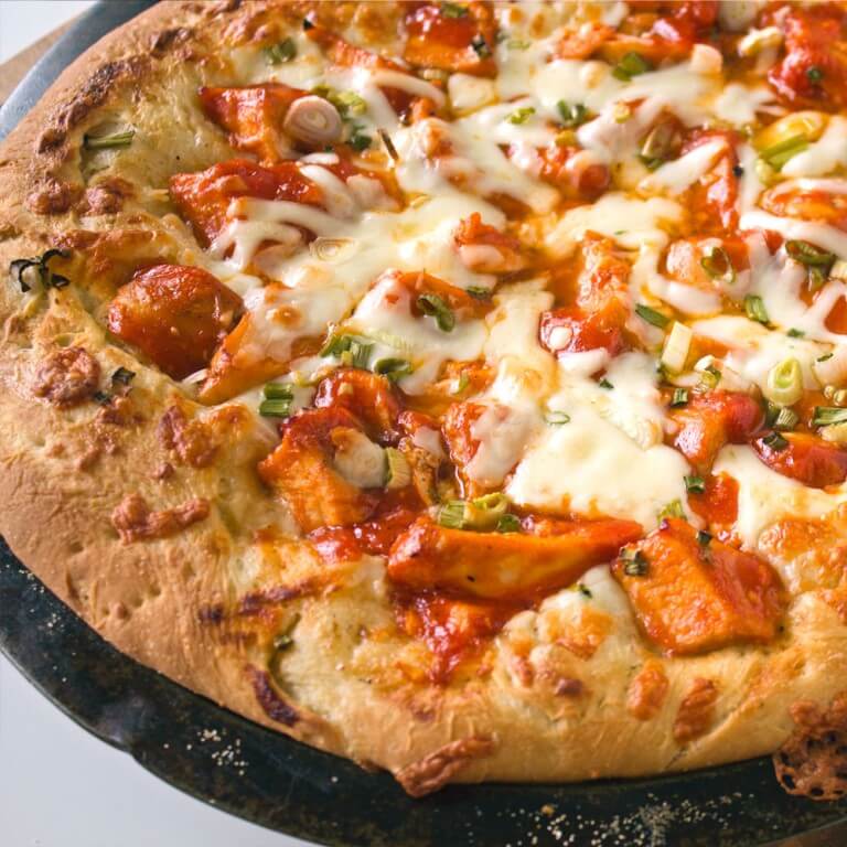Buffalo Chicken Pizza from dishesanddustbunnies.com