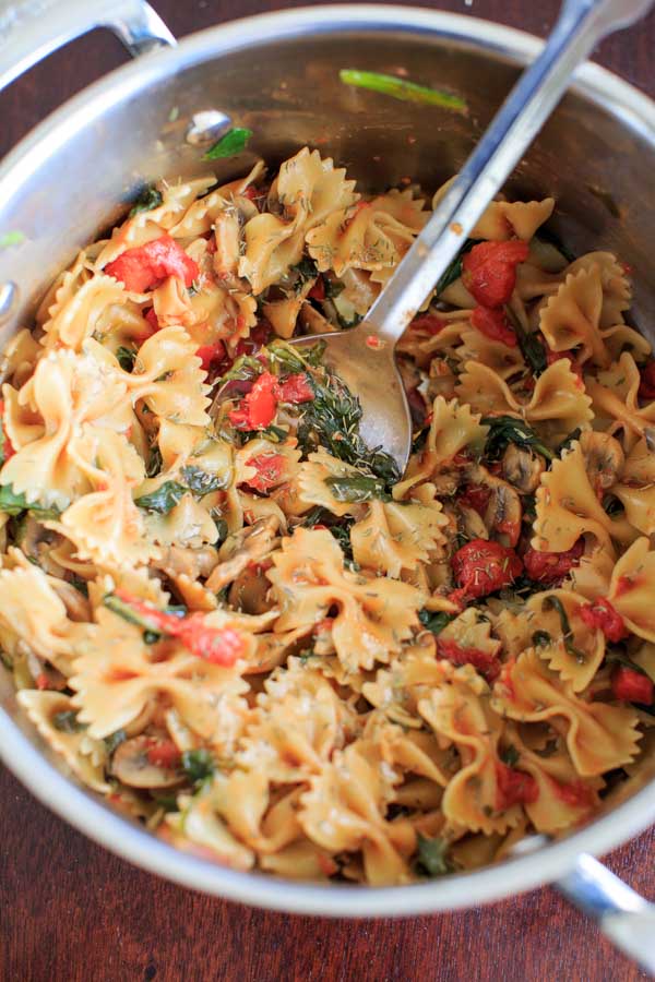 One Pot Spinach and Mushroom Bowtie Pasta from Trial & Eater