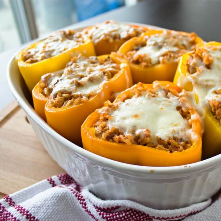 Chicken and Rice Stuffed Peppers from dishesanddustbunnies.com