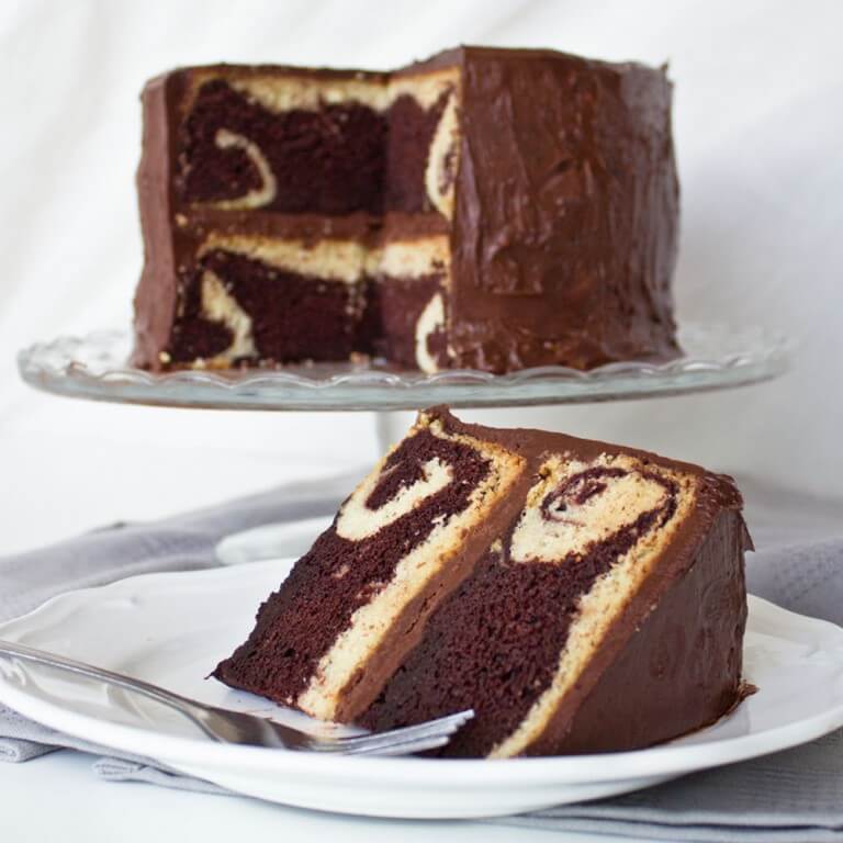 Chocolate Marble "Peek-a-boo" Cake from dishesanddustbunnies.com