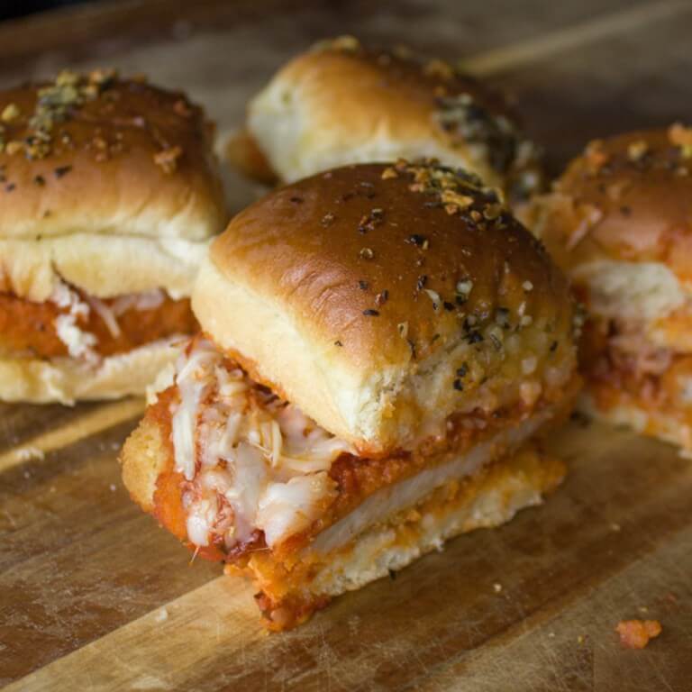 Baked Chicken Parmesan Sliders from dishesanddustbunnies.com