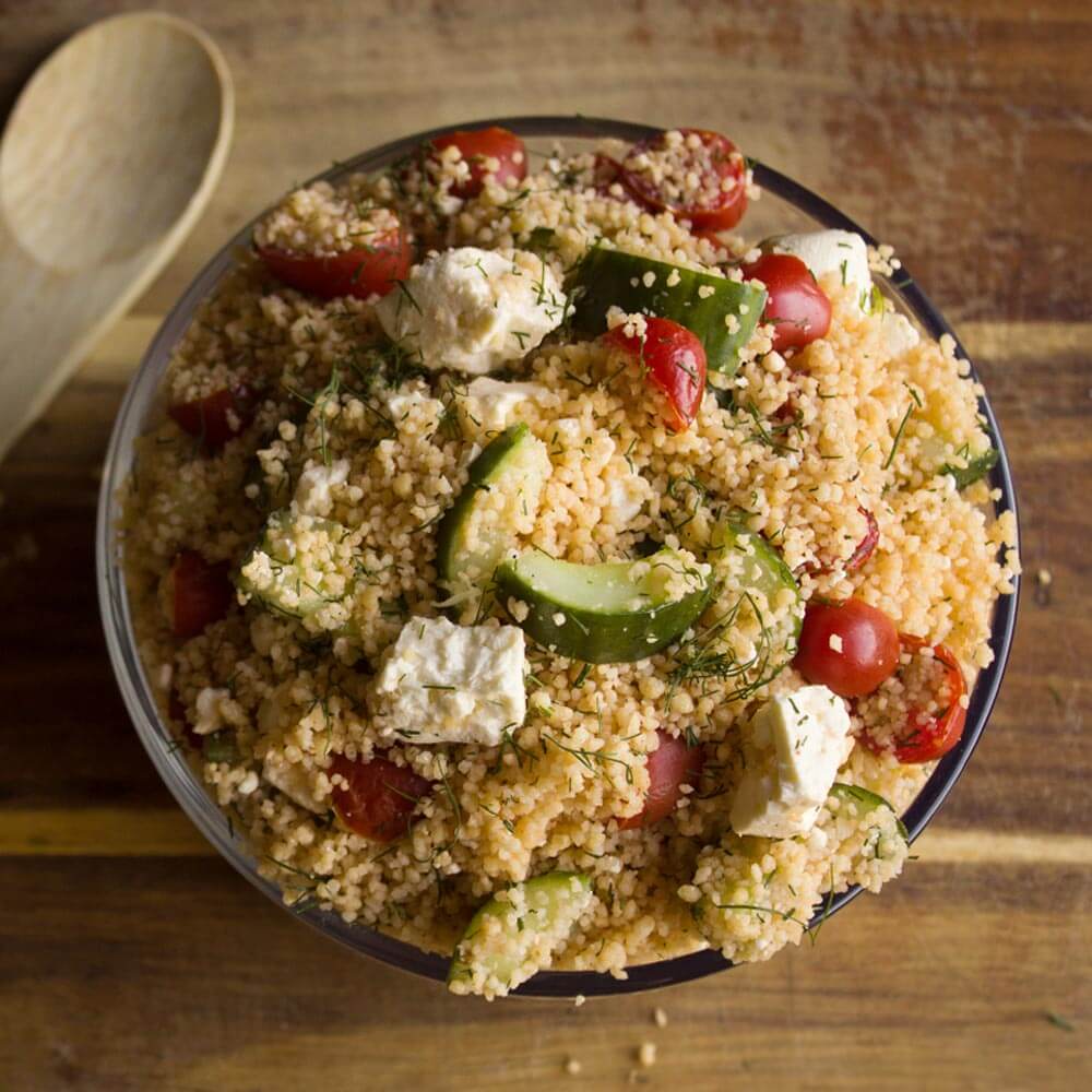 Couscous Salad with Tomatoes, Cucumbers and Feta from dishesanddustbunnies.com