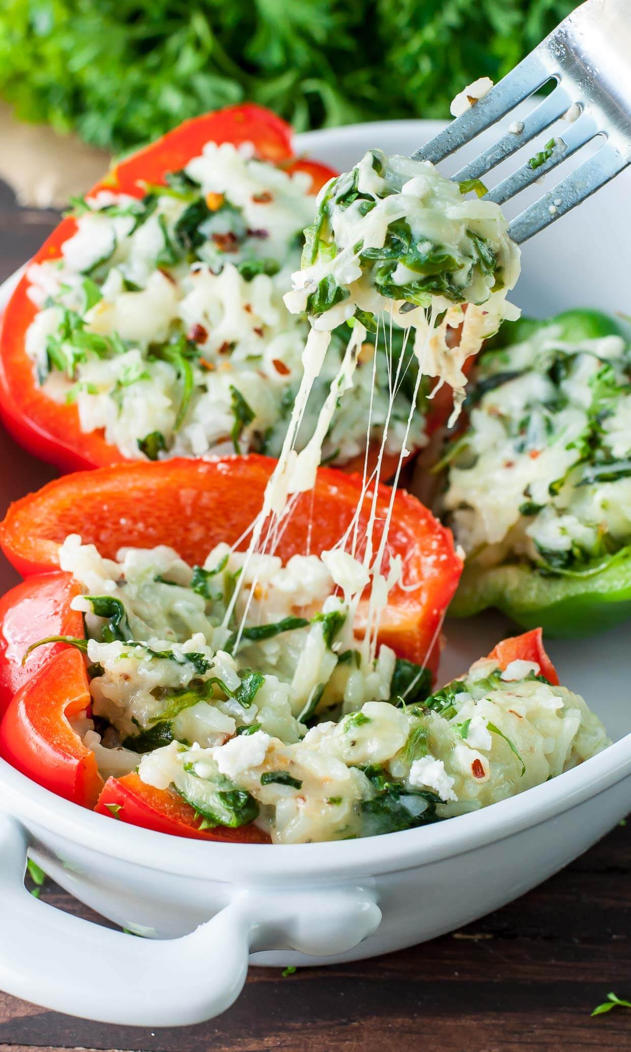 Cheesy Spinach Stuffed Peppers from Peas & Crayons