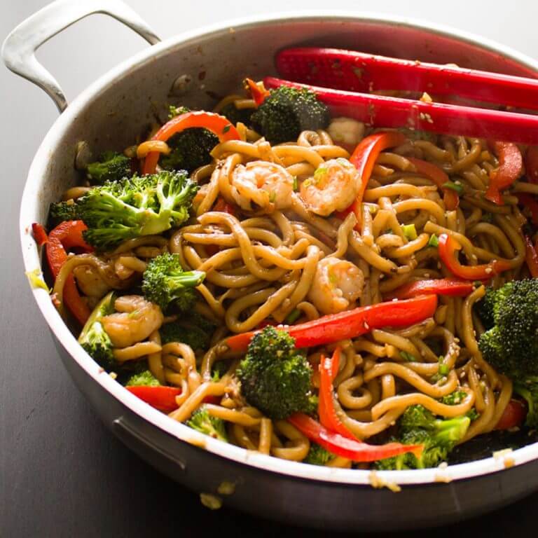 Ginger Garlic Shrimp Noodle Stir Fry from dishesanddustbunnies.com