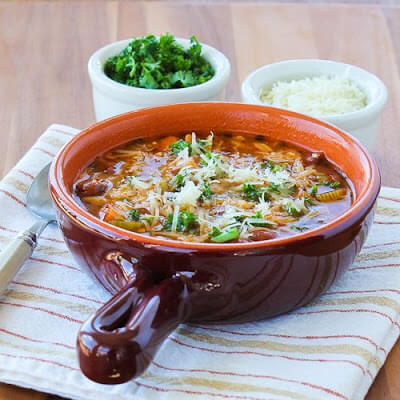 Slow Cooker Vegetarian Pasta e Fagioli Soup Recipe with Whole Wheat Orzo from Kalyn's Kitchen