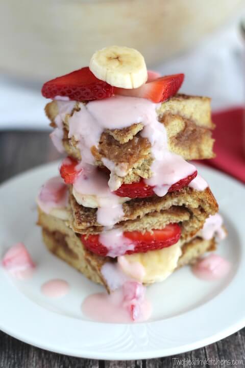 Stuffed French Toast Breakfast Casserole with Strawberries and Cream Topping from Two Healthy Kitchens