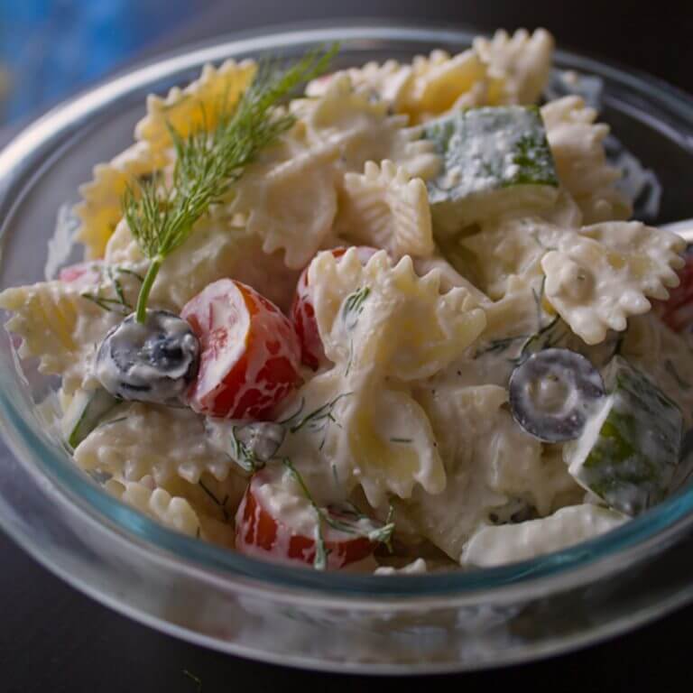 Creamy Greek Pasta Salad with Feta from dishesanddustbunnies.com