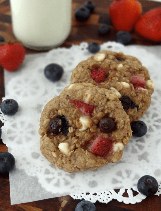 Strawberry and Blueberry White Chocolate Oatmeal Cookies from Life, Love and Sugar