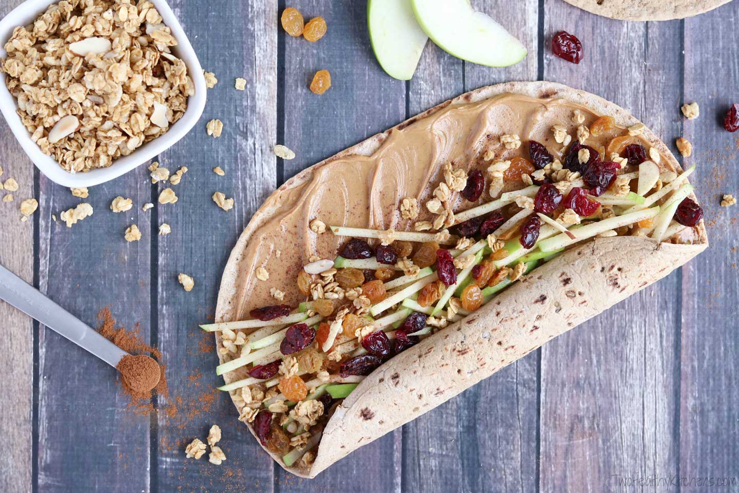 Granola Crunch Apple-Peanut Butter Sandwich Wraps from Two Healthy Kitchens
