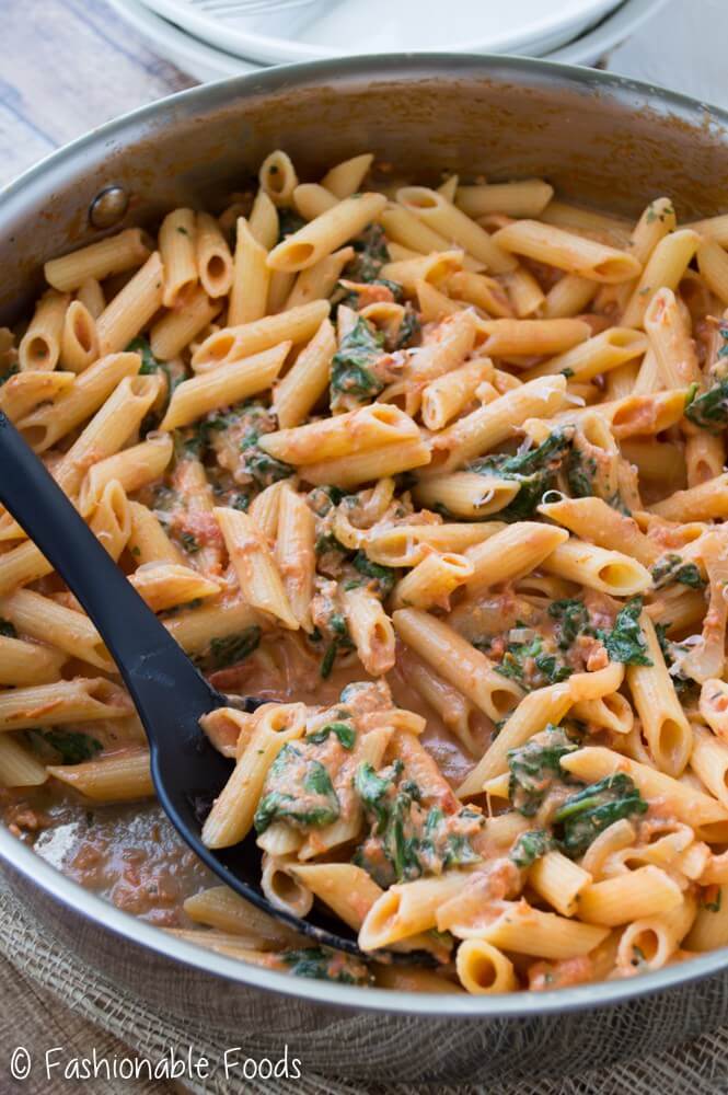 Penne with Sun Dried Tomato Cream Sauce and Spinach from Fashionable Foods