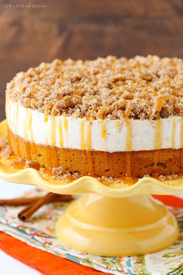 Caramel Pumpkin Spice Blondie Streusel Cheesecake from Love Life and Sugar