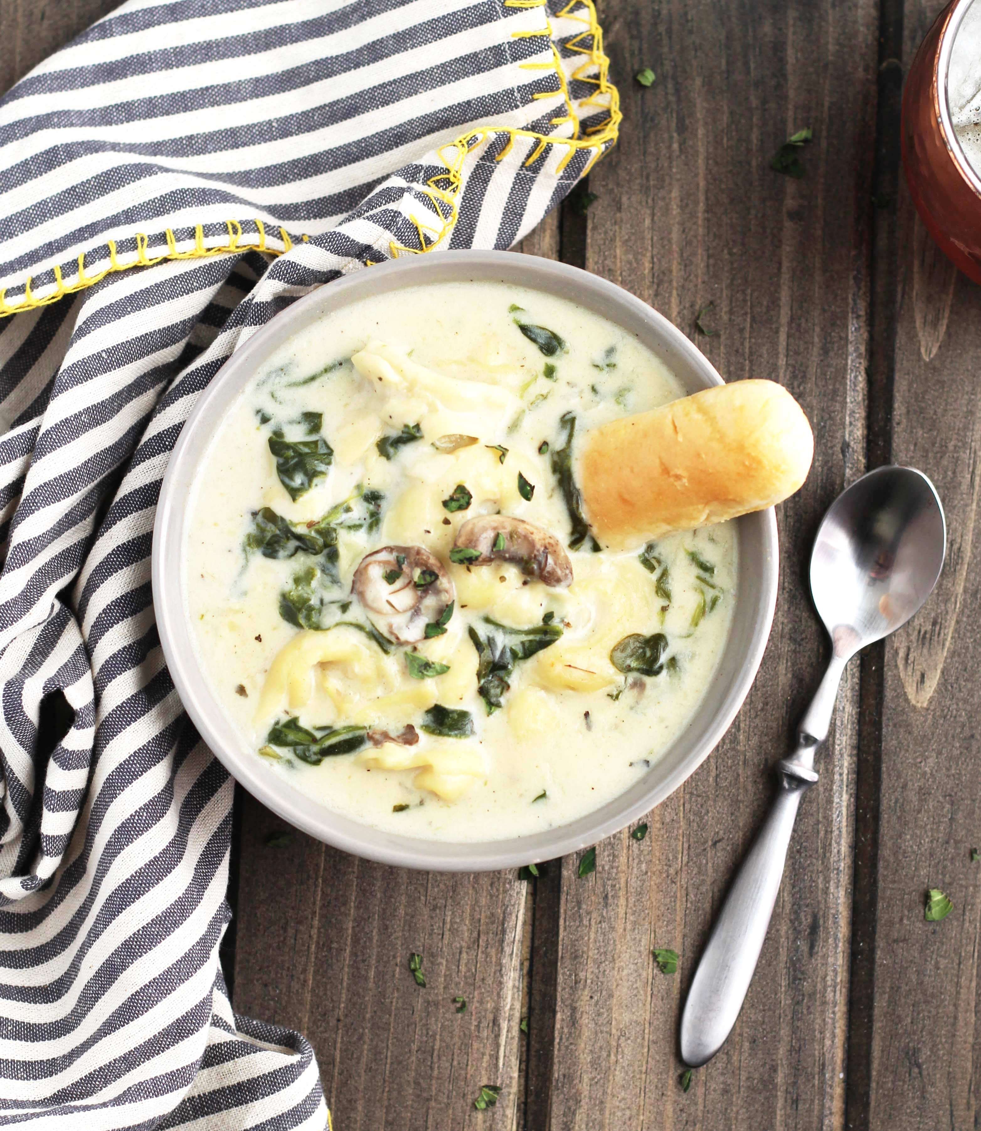 Slow Cooker Creamy Tortellini Spinach and Mushroom Soup from 3 Yummy Tummies