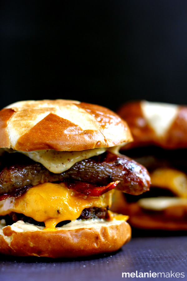 Sweet and Smoky Bacon Brat Burger from Melanie Makes