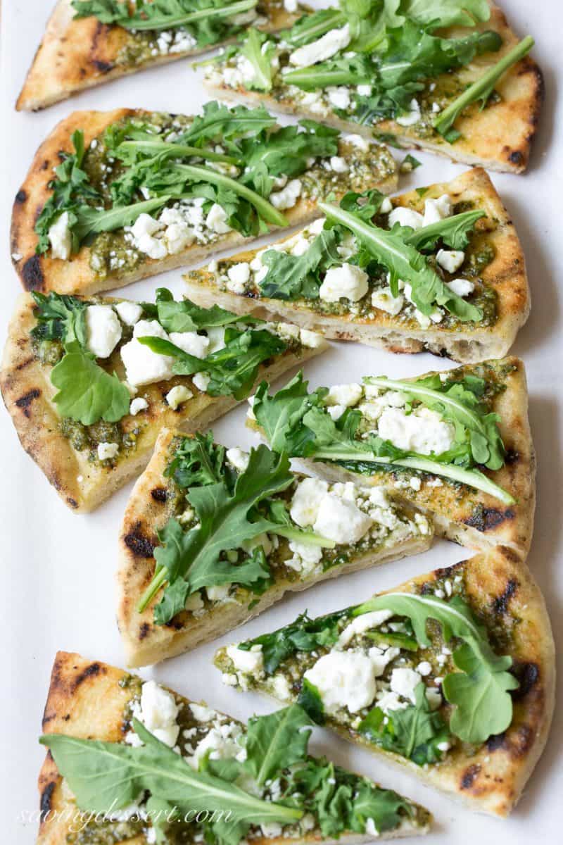 Grilled Pesto Pizza with Arugula and Feta from Saving Room for Dessert