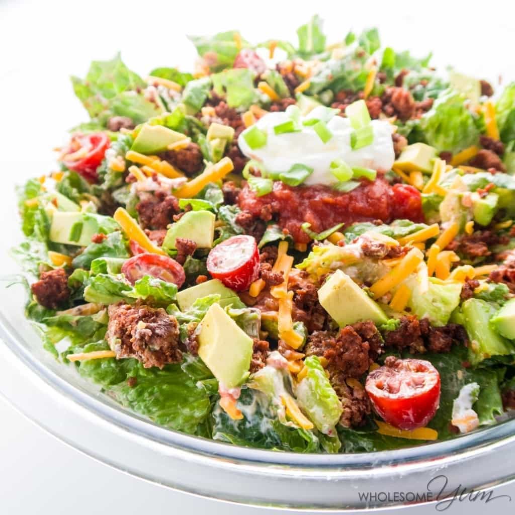 Easy Healthy Taco Salad Recipe with Ground Beef from Wholesome Yum