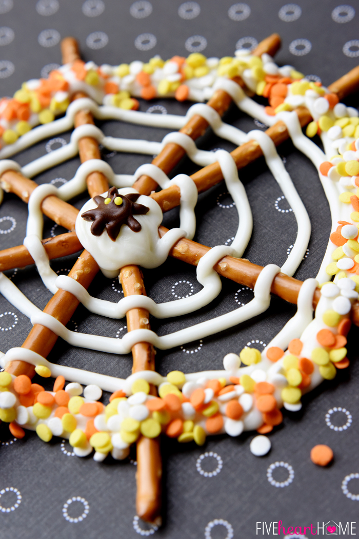 Pretzel Candy Spiderwebs for Halloween from Five Heart Home