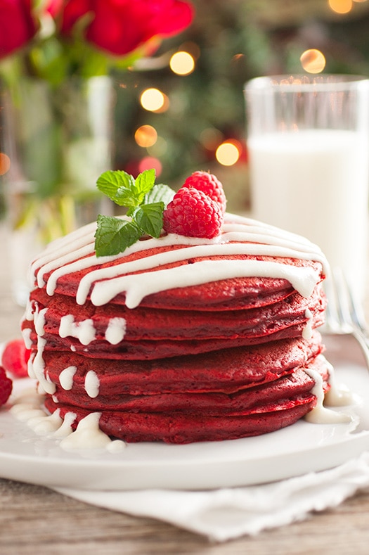 Red Velvey Pancakes with Cream Cheese Glaze from Cooking Classy