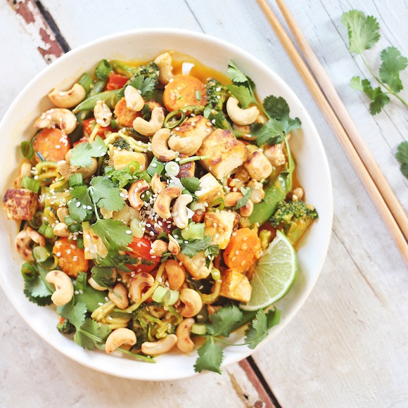 Carrot Cashew Zoodles with Crispy Sesame Tofu from Justine Celina