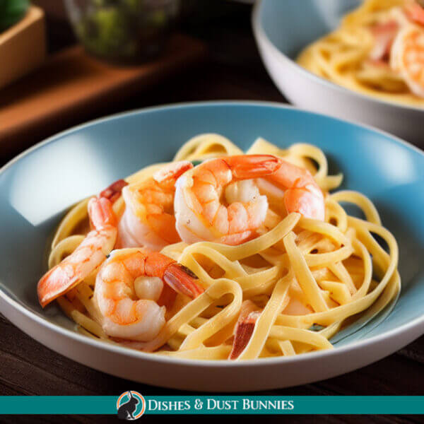Shrimp and Bacon Pasta Carbonara Dishes & Dust Bunnies