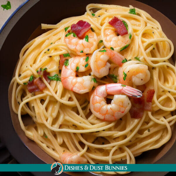 Shrimp and Bacon Pasta Carbonara Dishes & Dust Bunnies