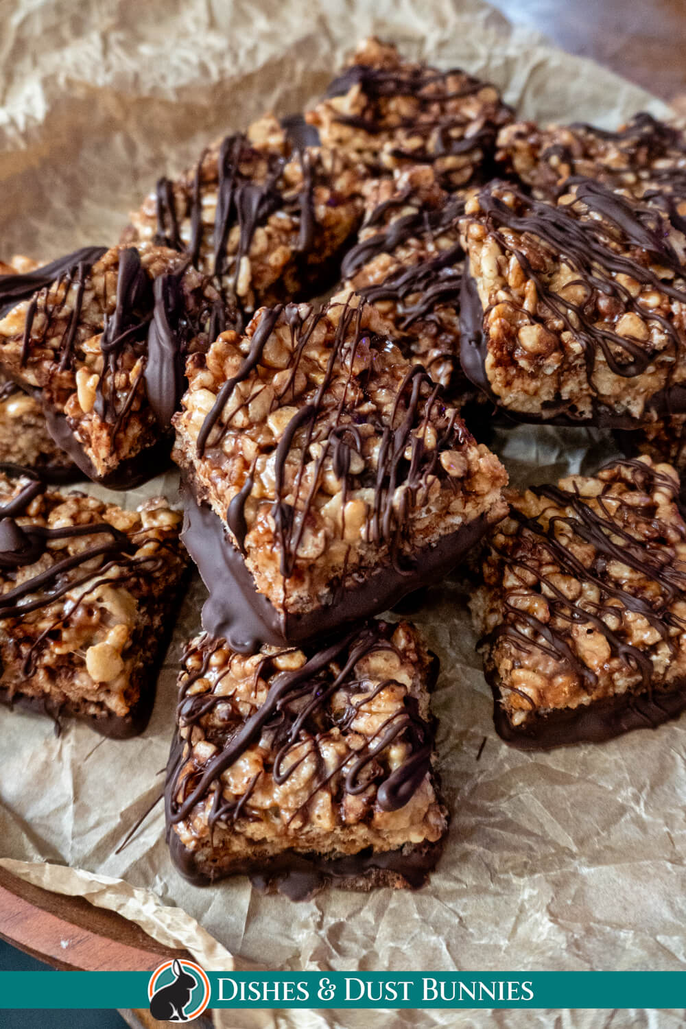 Chocolate Peanut Butter Rice Crispy Bars with Chocolate Drizzle