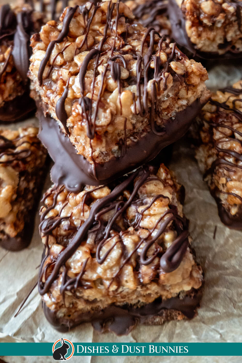 Chocolate Peanut Butter Rice Crispy Bars with Chocolate Drizzle