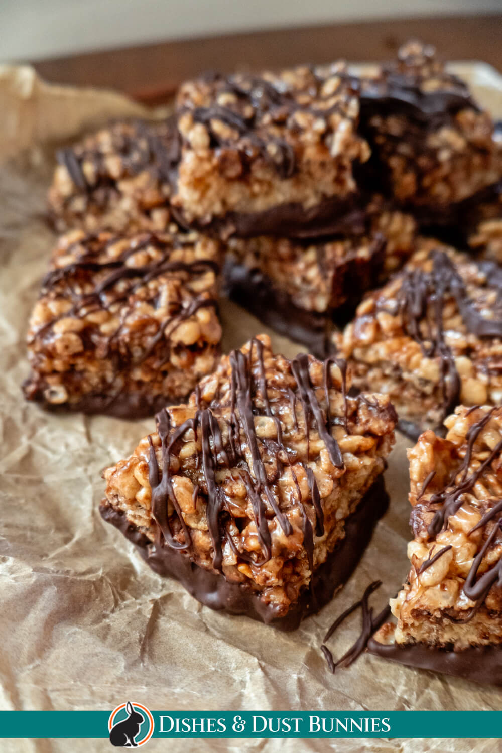 Chocolate Peanut Butter Rice Crispy Bars with Chocolate Drizzle